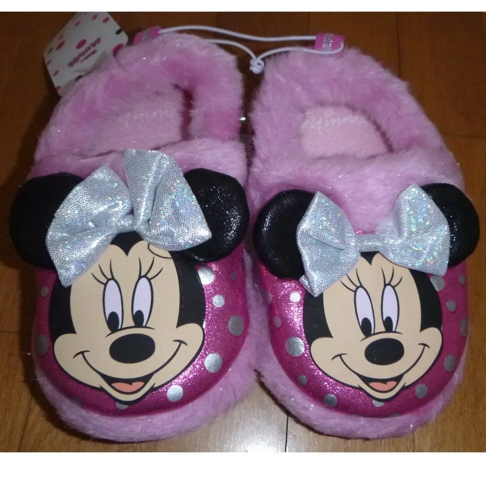 Toddler Girls MINNIE MOUSE Fur Trimmed A Line Slippers Size 9/10 11/12 Bow NWT